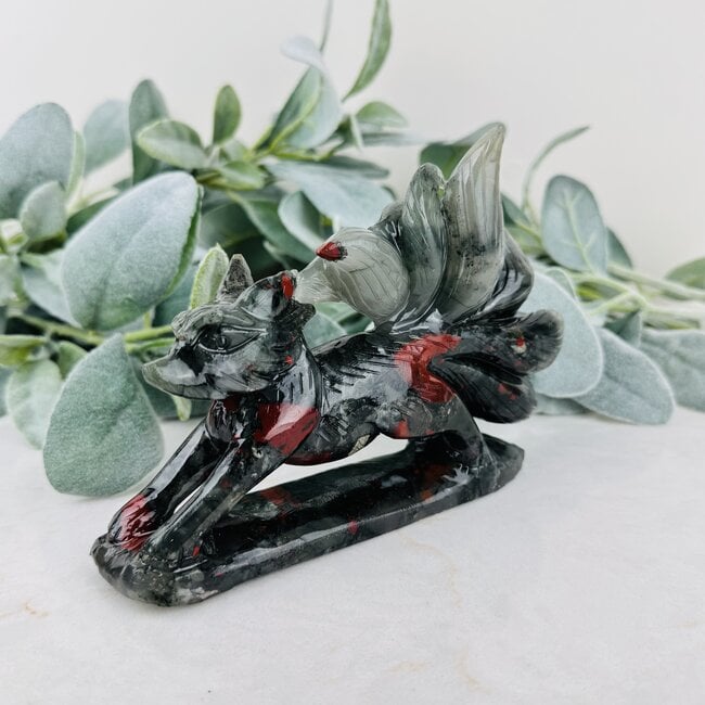 Bloodstone (Seftonite Heliotrope)  7 Seven Tailed Fox Carving - Specimen Figurine 5"x6.5"