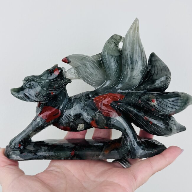 Bloodstone (Seftonite Heliotrope)  7 Seven Tailed Fox Carving - Specimen Figurine 5"x6.5"