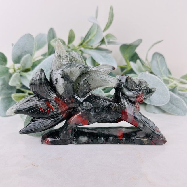 Bloodstone (Seftonite Heliotrope)  7 Seven Tailed Fox Carving - Specimen Figurine 5"x6.5"