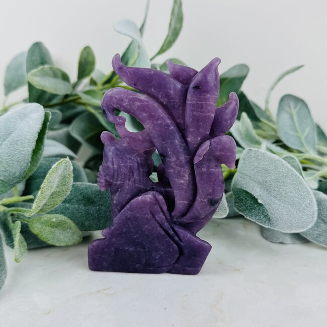 Lepidolite 7 Seven Tailed Fox Carving - Specimen Figurine 5"x3"