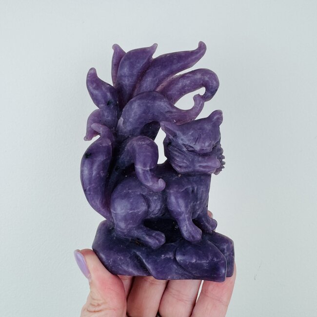 Lepidolite 7 Seven Tailed Fox Carving - Specimen Figurine 5"x3"
