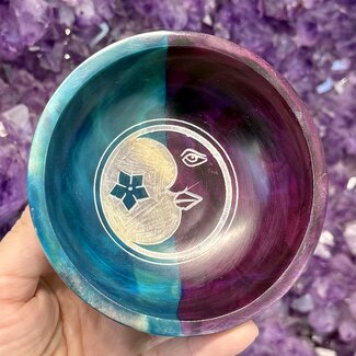 Soapstone Smudge Bowl - Turquoise & Purple Moon & Flower - 4" Small Incense, Resin Handpainted