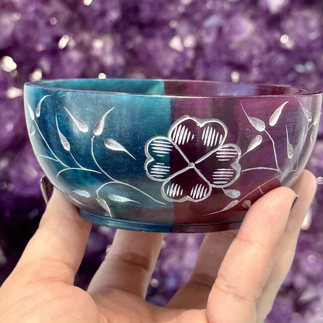 Soapstone Smudge Bowl - Turquoise & Purple Moon & Flower - 4" Small Incense, Resin Handpainted