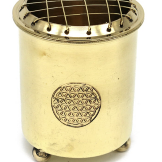 Incense Cone Resin Charcoal Burner Holder - Flower of Life - Brass Three Legged Cream, White