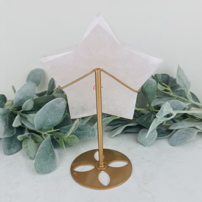 Rose Quartz Star on Gold Stand Pin - Specimen Carving 9"