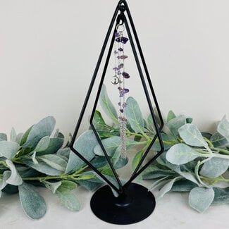Diamond Sphere Holders Stands - Amethyst Chain Cat Kitten on Cresent Moon Black 11"
