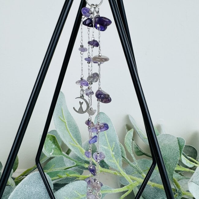Diamond Sphere Holders Stands - Amethyst Chain Cat Kitten on Cresent Moon Black 11"