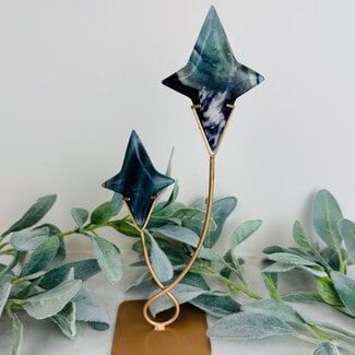 Snowflake Rainbow Fluorite Stars Diamonds on Gold Stand Pin - 11" Home Decor Carving Specimen