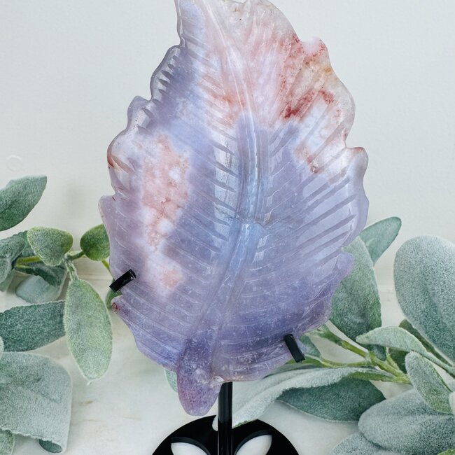 Flower (Cherry Blossom) Agate Leaf Carving on Black Stand Pin - Large 8"