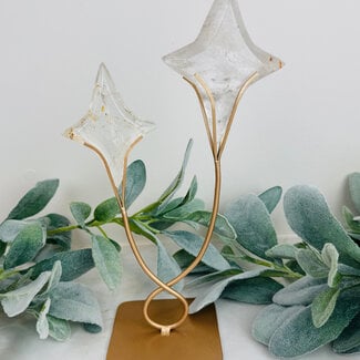 Clear (Crystal) Quartz Stars Diamonds on Gold Stand Pin - 11" Home Decor Carving Specimen