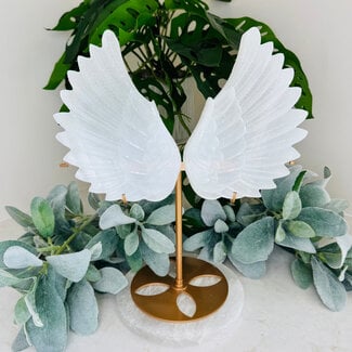 Selenite (Satin Spar Gypsum) Angel Wings on Gold Stand Pin - Extra Large 12"+ Carving Specimen Statement Piece