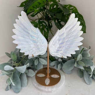 Aura Selenite (Satin Spar Gypsum) Angel Wings on Gold Stand Pin - Extra Large 12"+ Carving Specimen Statement Piece