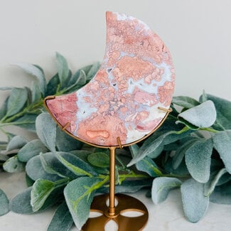 Pink Agate Crescent Moon on Gold Stand Pin - 8.5" Carving Specimen