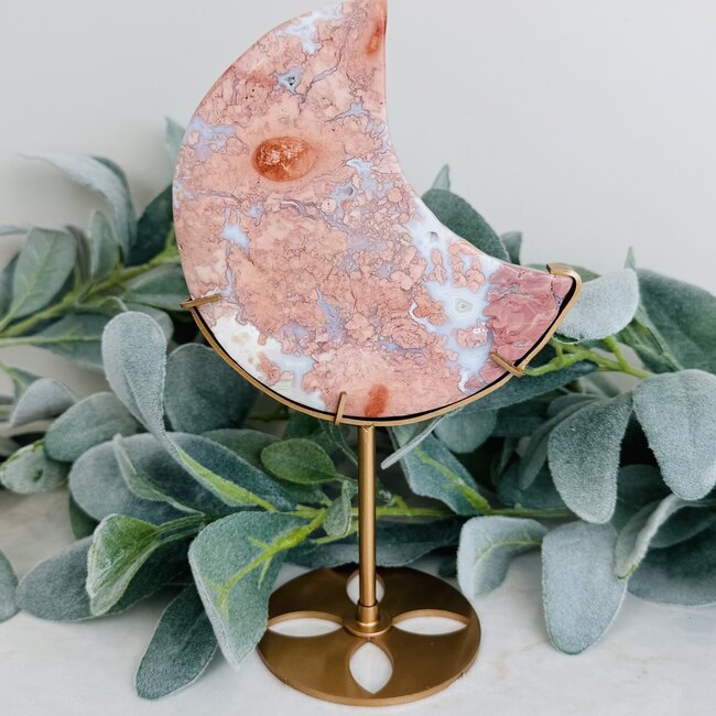 Pink Agate Crescent Moon on Gold Stand Pin - 8.5" Carving Specimen