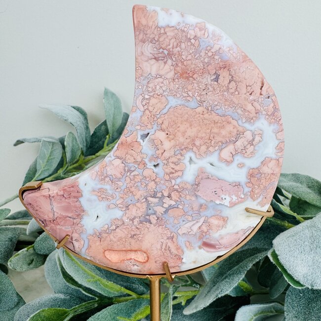 Pink Agate Crescent Moon on Gold Stand Pin - 8.5" Carving Specimen