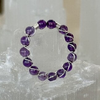 Amethyst Rings - Adjustable Wire Wrapped Beaded Stretch Gemstone