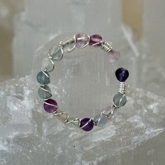 Rainbow Fluorite Rings - Adjustable Wire Wrapped Beaded Stretch Gemstone