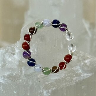 7 Seven Chakra Rings - Adjustable Wire Wrapped Beaded Stretch Gemstone