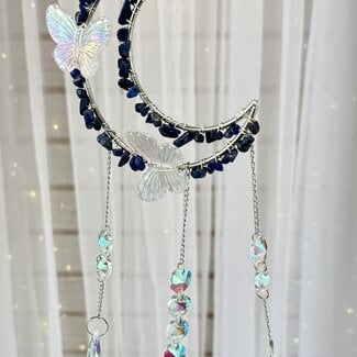Suncatcher Sun Catcher Lapis Lazuli Crescent Moon with Rainbow Butterflies- Silver Window Mirror Crystal-Rainbow Faceted Shapes