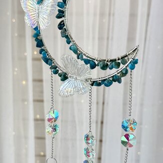Suncatcher Sun Catcher Blue Apatite Crescent Moon with Rainbow Butterflies- Silver Window Mirror Crystal-Rainbow Faceted Shapes