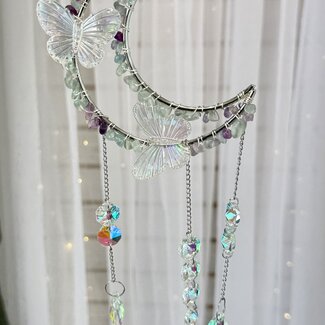Suncatcher Sun Catcher Rainbow Fluorite Crescent Moon with Rainbow Butterflies- Silver Window Mirror Crystal-Rainbow Faceted Shapes