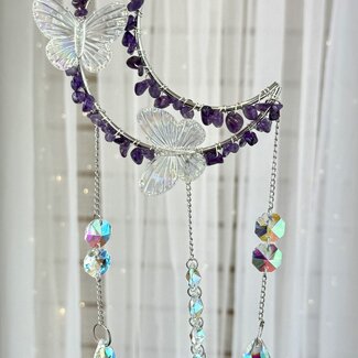 Suncatcher Sun Catcher Amethyst Crescent Moon with Rainbow Butterflies- Silver Window Mirror Crystal-Rainbow Faceted Shapes