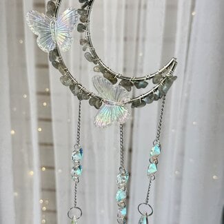 Suncatcher Sun Catcher Labradorite Crescent Moon with Rainbow Butterflies- Silver Window Mirror Crystal-Rainbow Faceted Shapes