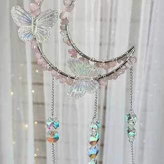 Suncatcher Sun Catcher Rose Quartz Crescent Moon with Rainbow Butterflies- Silver Window Mirror Crystal-Rainbow Faceted Shapes
