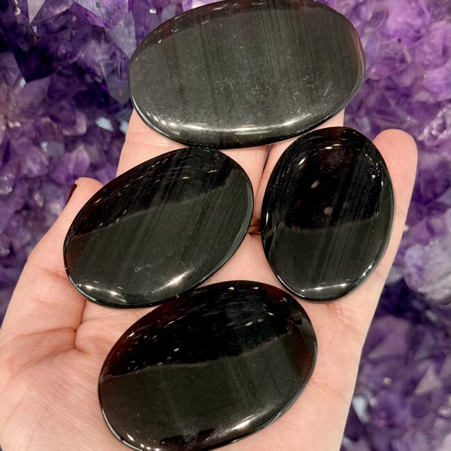 Midnight Lace Black Obsidian Palm Pillow Pocket Stones - Large