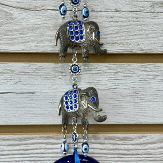 Evil Eye Wall Hanging Decor - 3 Three Elephants Stacked Blue Glass and Large Round Evil Eye with Ribbon - 11.5" Door Window Protection