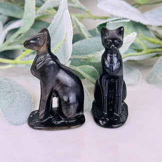Goldsheen Gold Sheen Black Obsidian Sitting Cats - Medium 2.5" Animal Carving Kitten Kitty
