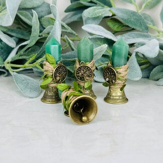 Green Aventurine Bells - Small 2.5" Point Tree of Life Charm Brass Chime Alter
