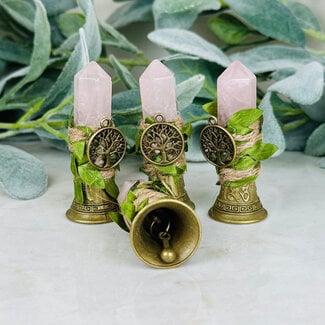 Rose Quartz Bells - Small 2.5" Point Tree of Life Charm Brass Chime Alter