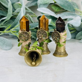 Gold Tigers Eye Bells - Small 2.5" Point Tree of Life Charm Brass Chime Alter