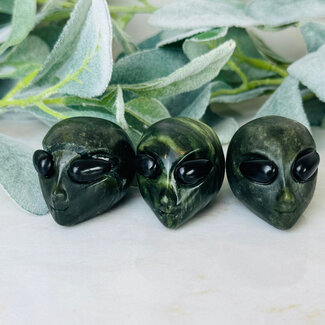 Green Jade Alien Extra Terrestrial Heads Skulls - 2" Small Black Obsidian Eyes