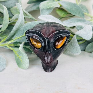 Garnet in Arfvedsonite Alien Extra Terrestrial Heads Skulls - Large 3" Gold Tigers Eye Eyes