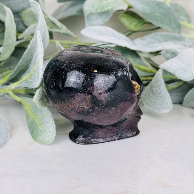 Garnet in Arfvedsonite Alien Extra Terrestrial Heads Skulls - Large 3" Gold Tigers Eye Eyes