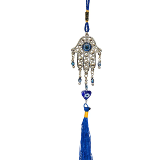 Evil Eye Wall Hanging Decor - Hamsa (Fatima Miriam Khamsa) Hand - Blue Evil Eye Heart - Blue Tassel 13" Door Window Protection
