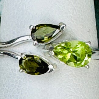 Peridot & Green Tourmaline (Verdelite) Rings - Size 7 Faceted Pear Teardrop - Claw Prong Set Sterling Silver