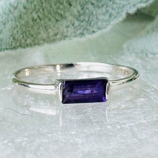 Amethyst Rings - Size 6 Rectangle Faceted East-West - Bezel Set Sterling Silver