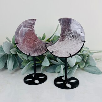Lepidolite (Purple Mica) Crescent Moons on Black Stand Pin - 7" High Flash