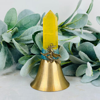 Brass Bells with Yellow Fluorite Point Witch on Broom Charm - 5"