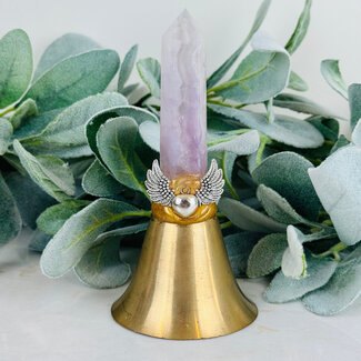 Brass Bells with Lavender Quartz Point Heart with Angel Wings Charm - 6"