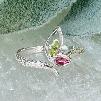 Ruby Pink Tourmaline & Peridot Leaf Rings - Size 6 Marquise Claw Prong Set - Sterling Silver