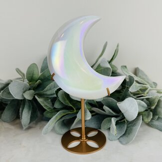 Aura Selenite Crescent Moon on Gold Stand Pin - 9" Large