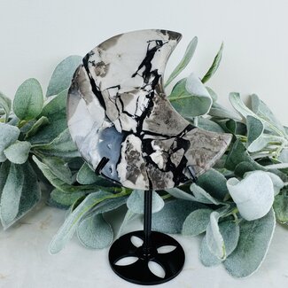 Volcano Agate Crescent Moon on Black Stand Pin - 7.5"