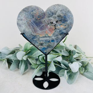 Labradorite Heart on Black Pin Stand - 10" Large Specimen Carving Home Decor