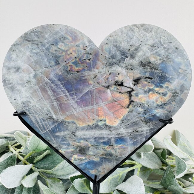 Labradorite Heart on Black Pin Stand - 10" Large Specimen Carving Home Decor