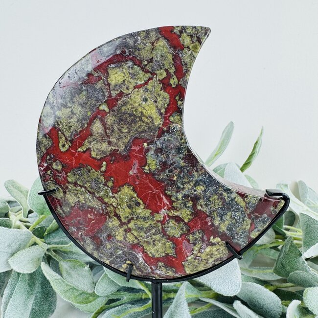 Dragon’s (Dragons Blood Stone) Jasper Crescent Moon on Black Pin Stand - 8" Specimen Home Decor #2