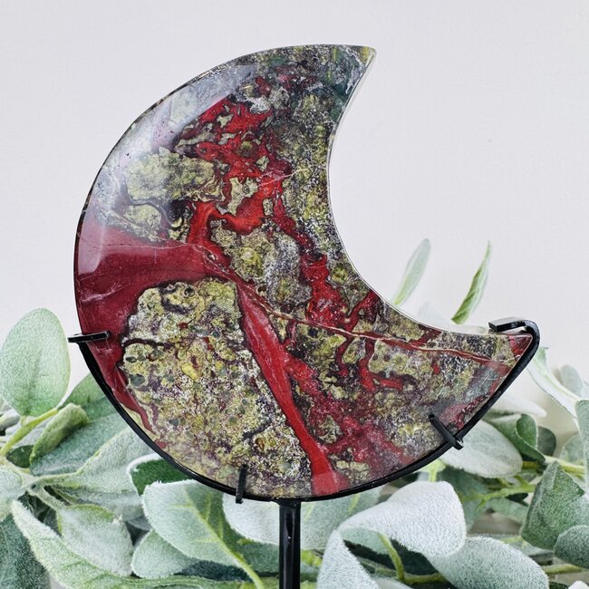 Dragon’s (Dragons Blood Stone) Jasper Crescent Moon on Black Pin Stand - 8" Specimen Home Decor